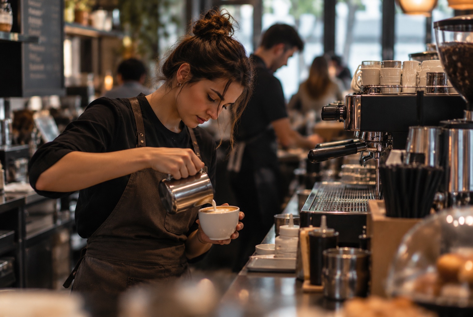Kafede süt köpüğüyle latte art yapan barista