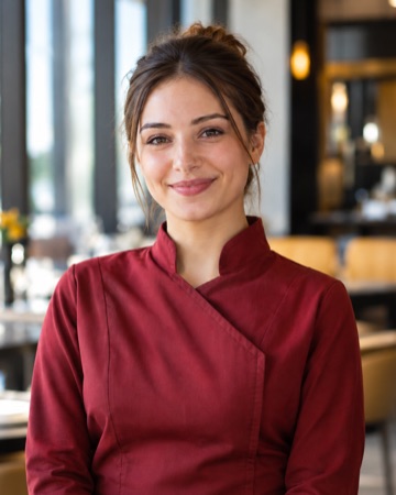 CatchJobs'ta örnek bir Video CV: restoranda bordo şef ceketiyle gülümseyen bir aday