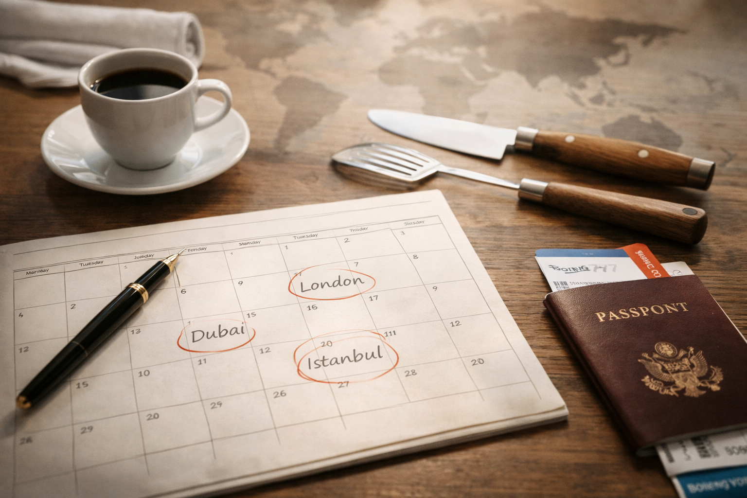 Uluslararası gastronomi etkinliklerini gösteren dijital takvim ve mutfak ekipmanı