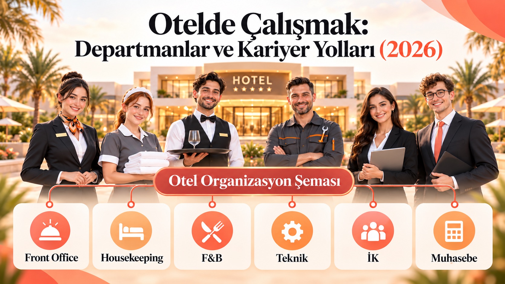 Otel çalışanları ve otel organizasyon şeması: Front Office, Housekeeping, F&B, Teknik, İK, Muhasebe